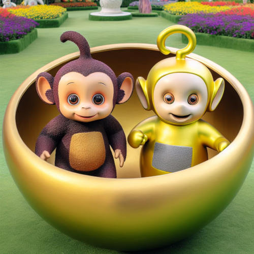 KI-generiertes Bild zum Thema "mit Monchhichi und Teletubbie in der Klangschale"