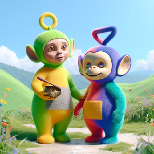 KI-generiertes Bild zum Thema "mit Monchhichi und Teletubbie in der Klangschale"